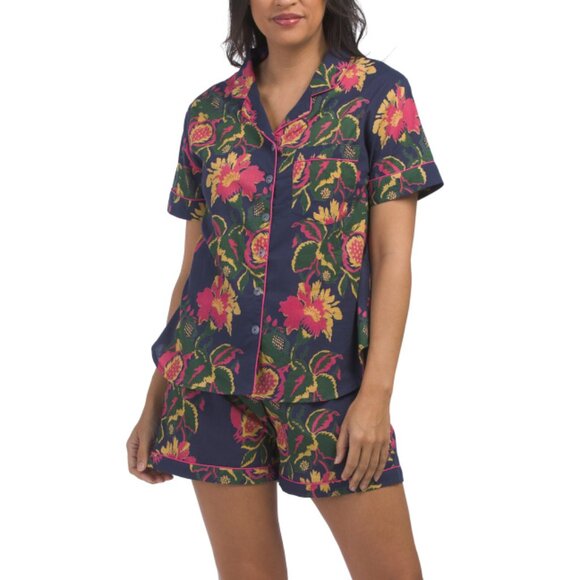 SUNSKAARA Navy/pink 2pc Cotton Floral Pajama Set - Picture 1 of 2